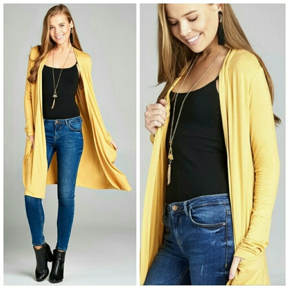 Yellow long open front cardigan with pockets - Picture 2 of 3